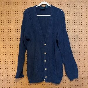 Harbor Bay Navy Blue Knit Cardigan Sweater XLT Tall Cotton Grandpa Preppy FLAW